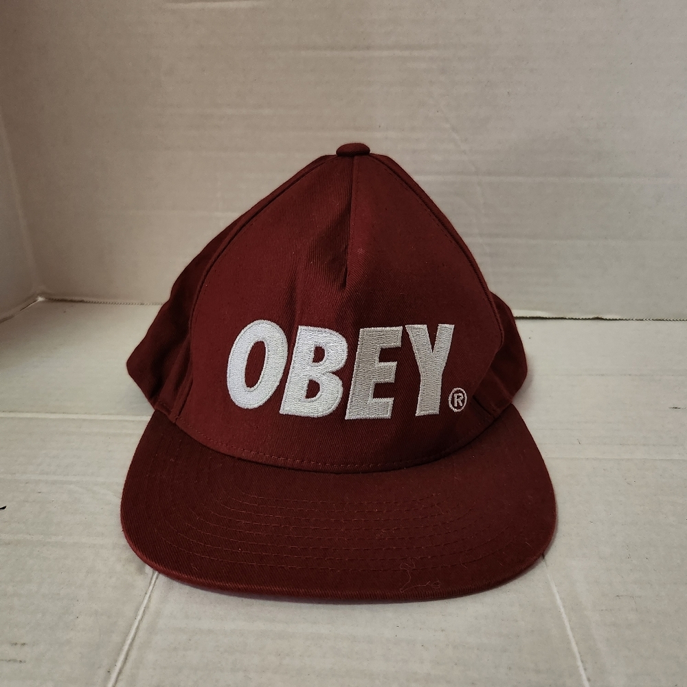 Mens Obey Burgundy Maroon Logo Spellout Cotton Snapback Hat Cap One Size Fit All